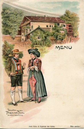 Speisekarte um 1900.  Anders als heute, waren viele Speisekarten damals als Werbeträger gedacht.